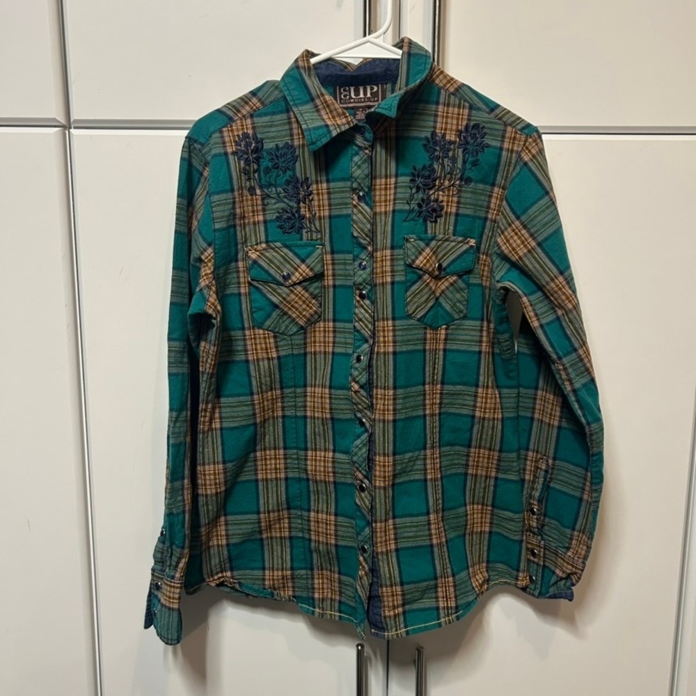 Cowgirl Up Womens Teal Plaid Pearl Snap Embroidered Western Shirt Medium